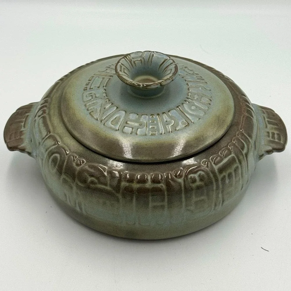 Frankoma Ceramic Pottery Casserole w/ Lid Handles Geometric Round 10